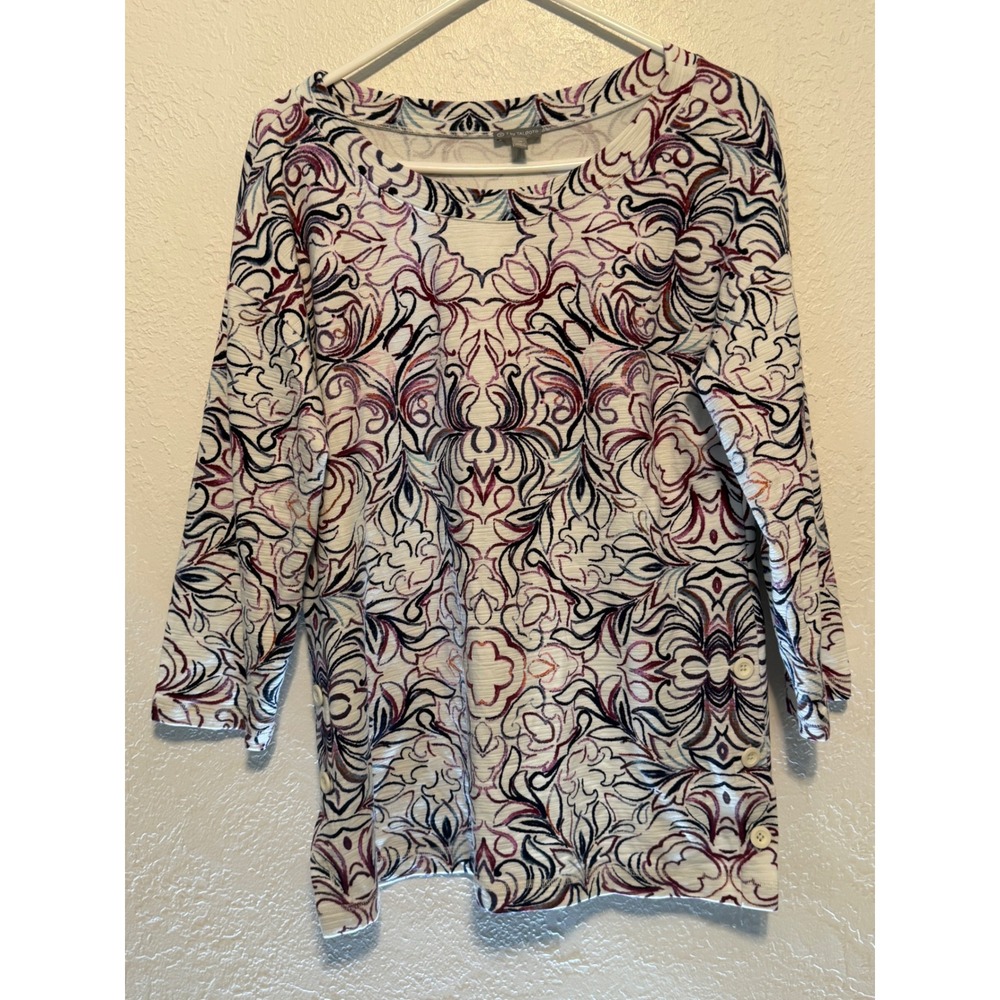 T by Talbots Purple White Damask Scroll Ribbed Knit Button Side Top Size M